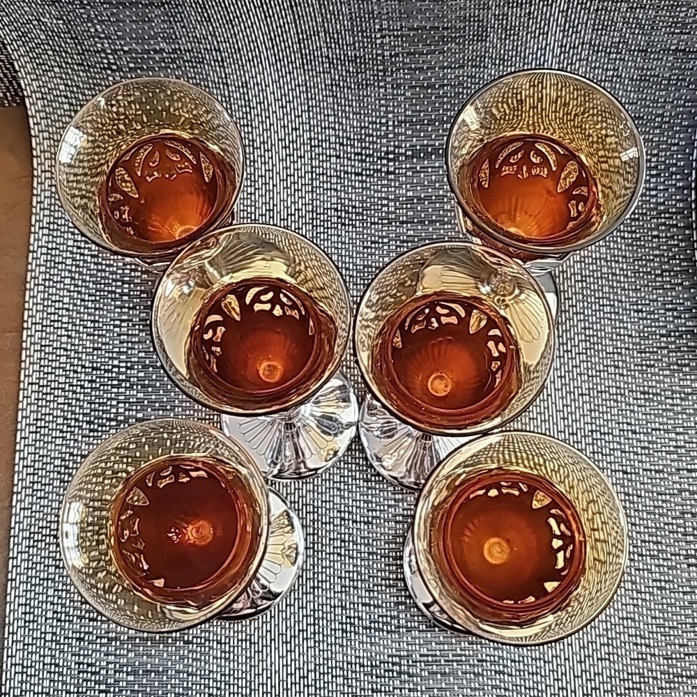 Vintage Farber Brothers Amber Silver Stems Glassware 6 Cordial Sherry Glasses - Picture 3 of 10